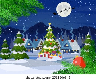 Suburban house covered snow. Building in holiday ornament. Christmas landscape tree, santa sleigh reindeers. New year decoration. Merry christmas holiday xmas celebration. Vector illustration .