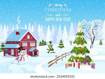 Casa suburbana coberta de neve. Edifício em ornamento de férias. Enfeite de árvore de paisagem de Natal, boneco de neve. Feliz decoração de ano novo. Feliz feriado de Natal. Festa de Natal de ano novo. Ilustração vetorial