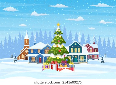 Casa suburbana cubierta de nieve. Edificio en adorno de vacaciones. Árbol de paisaje de Navidades. Decoración del año Nuevo. Feliz fiesta de Navidad celebración de Navidad. Ilustración vectorial estilo plano