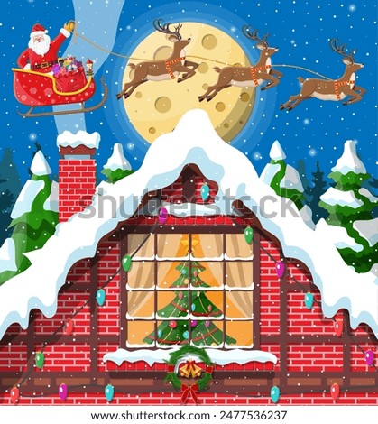 Suburban house covered snow. Building in holiday ornament. Christmas landscape tree, santa sleigh reindeers. New year decoration. Merry christmas holiday xmas celebration. Vector illustration