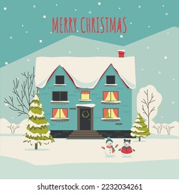 Suburban house covered snow with cute snowmen in flat vector illustration. Building in holiday  decoration. Merry christmas holiday, xmas celebration in winter landscape