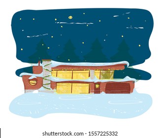 Suburban House Covered with Snow Decorated with New Year Light Garland and Wreath on Door. Building on Fir Trees Landscape. Merry Christmas Holiday Xmas Celebration Cartoon Flat Vector Illustration