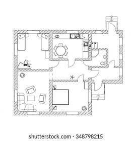 Suburban house design. Black and White floor plan of a modern apartment. Detailed architectural vector blueprint. 