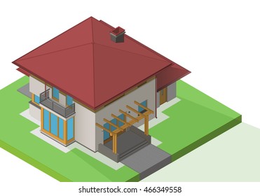 suburban house exterior isometric flat vector. Mansion 3d illustration. Cottage isolated on white background