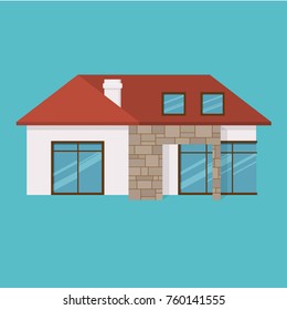 Suburban house, family vacation house, mansion. Facade apartment house. Cozy house, for joint time, family rest, holidays, summer season, gardening and housekeeping. Vector illustration