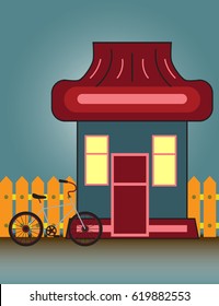 Suburban House Front View Building and bicycle with wooden fence.  Vector cartoon illustration.