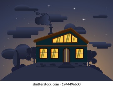 Suburban house front view flat design with roof and some trees at night