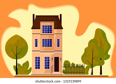 Suburban house front view with trees and bushes. Flat style vector illustration