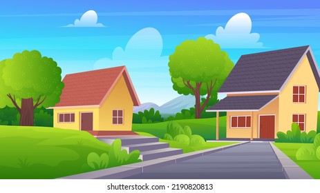 Suburban House with green yard, Residential landscape with green grass, trees, and mountain under blue sky