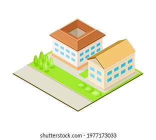 Suburban House with Greenways Isometric Cityscape Vector Illustration