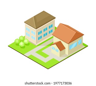 Suburban House with Greenways Isometric Cityscape Vector Illustration