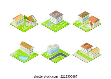 Suburban House with Greenways Isometric Cityscape Vector Set
