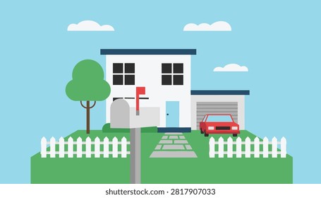Suburban house illustration features a white dwelling with a red car parked in the garage under a clear blue sky with white clouds.