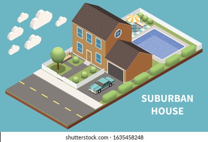 Suburban House Isometric Design Concept With Pool And Garage On Land Allotment Vector Illustration