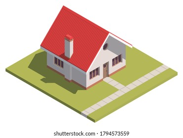 Suburban House isometry. Hyper detailing isometric view of a isolated house with a red roof. 3D family house for video games or real estate advertising. For Your business. Vetor Illustration