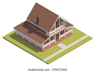 Suburban House isometry. Hyper detailing isometric view of a isolated house with a brown roof. 3D family house for video games or real estate advertising. For Your business. Vetor Illustration