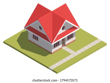 Suburban House isometry. Hyper detailing isometric view of a isolated house with a red roof. 3D family house for video games or real estate advertising. For Your business. Vetor Illustration