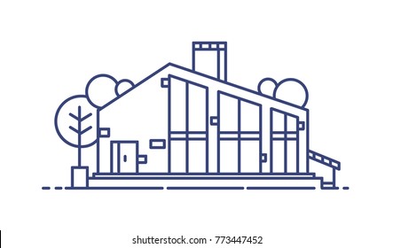 Suburban house with large panoramic windows surrounded by trees. Stylish modern living building drawn with blue lines and isolated on white background. Monochrome vector illustration in lineart style.