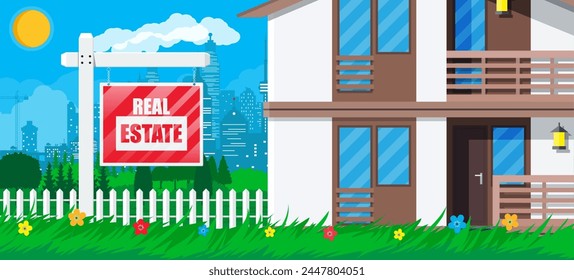 Suburban house or mansion in village. Fence, flowers and forest, nature. Wooden placard with real estate sign. Mortgage, property and investment. Buy sell or rent realty. Flat vector illustration