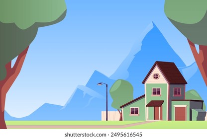 Suburban house with mountains in the background. Vector illustration of a green two-story house with a brown roof, trees, and a streetlamp. Scenic landscape for real estate or home concepts.