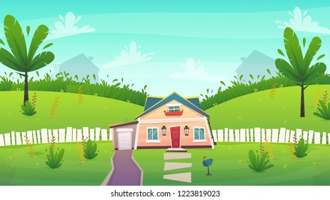 suburban house on green grass front lane with white wood fence . funny peaceful happy landscape family home in cartoon style . vector illustration