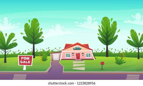 suburban house on green grass front lane with bush fence . funny peaceful happy landscape village family home in cartoon style . vector illustration