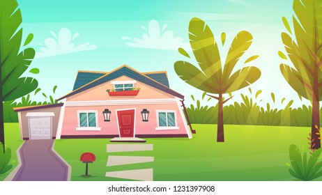 suburban house on green grass front lane with bush fence . funny peasful happy landscape village family home in cartoon style . vector illustration