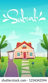 suburban house on green grass front lane with white wood fence . funny peasful happy landscape family home in cartoon style . vector illustration