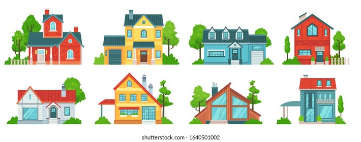 Suburban house. Real estate facades, holiday mansions and country houses with roof vector set. Bundle of two-storey living buildings. Villas or residencies of classic and contemporary architecture.