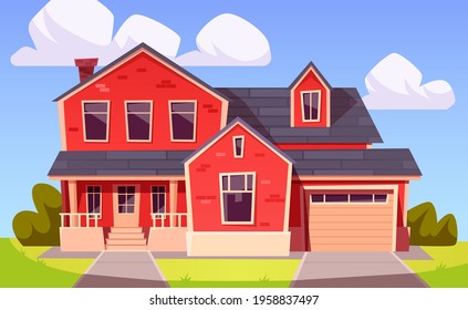 Suburban house, residential building from red brick with garage. Vector cartoon illustration of village mansion facade. Summer countryside landscape with cottage