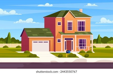 Suburban house, residential cottage, real estate countryside building exterior. Suburban home facade with garden and lawn and garage. Vector illustration in flat style