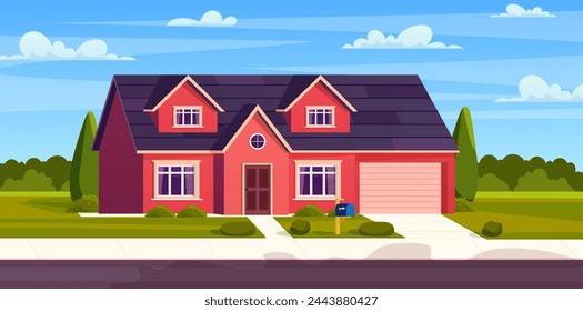 Suburban house, residential cottage, real estate countryside building exterior. Suburban home facade with garden and lawn and garage. Vector illustration in flat style