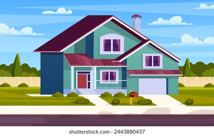 Suburban house, residential cottage, real estate countryside building exterior. Suburban home facade with garden and lawn and garage. Vector illustration in flat style