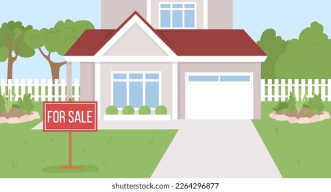 Suburban house for sale flat color vector illustration. Selling new real estate. Two story home with garage and garden on backyard. Editable 2D simple cartoon landscape. Bebas Neue Regular font used