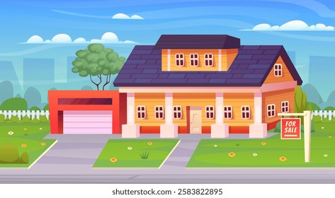 Suburban house sale. Modern american cottage signs for buy, villa residential mansion countryside residence home cartoon landscape, suburb real estate swanky vector illustration original artwork