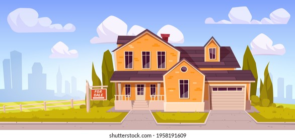 Suburban house with sign for sale. Residential cottage from yellow brick with garage with cityscape on background. Vector cartoon landscape with suburb mansion. Real estate purchase concept svg