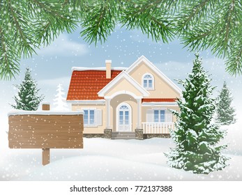 Suburban house in snow. Firs trees in the front garden. Wooden sign for sale.