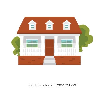 Suburban house with terrace and porch, flat cartoon vector illustration isolated on white background. Countryside or suburban area building architecture.