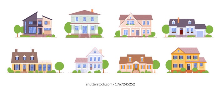 Suburban house. Urban and suburban cottage, town house icon set isolated on white background. Residential mansion building exterior facade. Real estate vector. Architectural design illustration