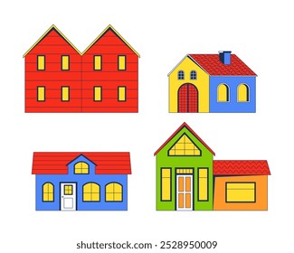 Suburban houses 2D cartoon objects set. Rural buildings exteriors. Countryside suburb property real estate isolated elements flat vector cliparts on white background. Spot illustrations collection