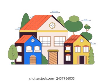 Suburban houses 2D linear cartoon object. Neighborhood residential trees homes isolated line vector element white background. Estate properties. Suburb community color flat spot illustration