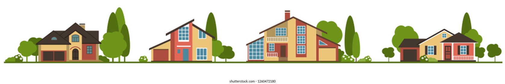 Suburban houses along the street . Set private houses in flat design style.