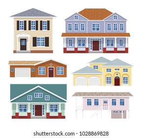 suburban houses  cottages set on white background