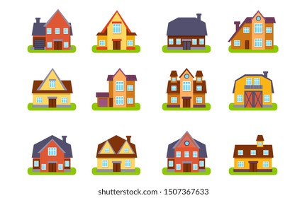 Suburban Houses and Cottages Set, Real Estate Buildings, Front View Flat Vector Illustration