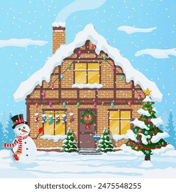 Suburban houses covered snow. Building in holiday ornament. Christmas landscape tree spruce, snowman. Happy new year decoration. Merry christmas holiday. New year xmas celebration. Vector illustration