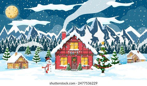 Suburban houses covered snow. Building in holiday ornament. Christmas landscape tree spruce, snowman. Happy new year decoration. Merry christmas holiday. New year xmas celebration. Vector illustration