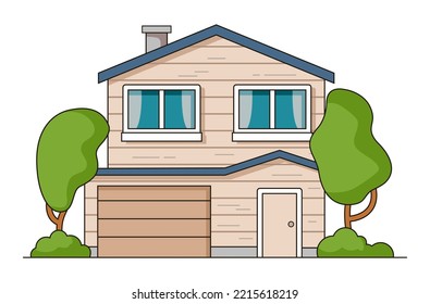 Suburban Houses Exterior.Double-storey House. House Building .Suburb District.Countryside House.modern Village Building.Vector Flat Illustration.Isolated On White Background.