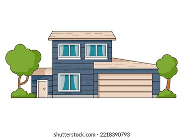 Suburban Houses Exterior.Double-storey House. House Building .Suburb District.Countryside House.modern Village Building.Vector Flat Illustration.Isolated On White Background.