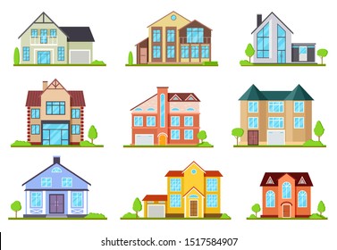 Suburban houses. Family house, village cottage. Outdoor architectural elements, modern buildings exterior. Flat vector set