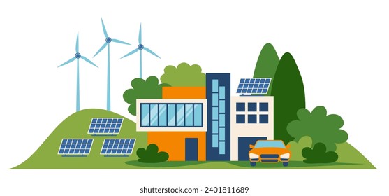 Suburban houses. Green energy an eco friendly traditional house. Solar power and wind power. 